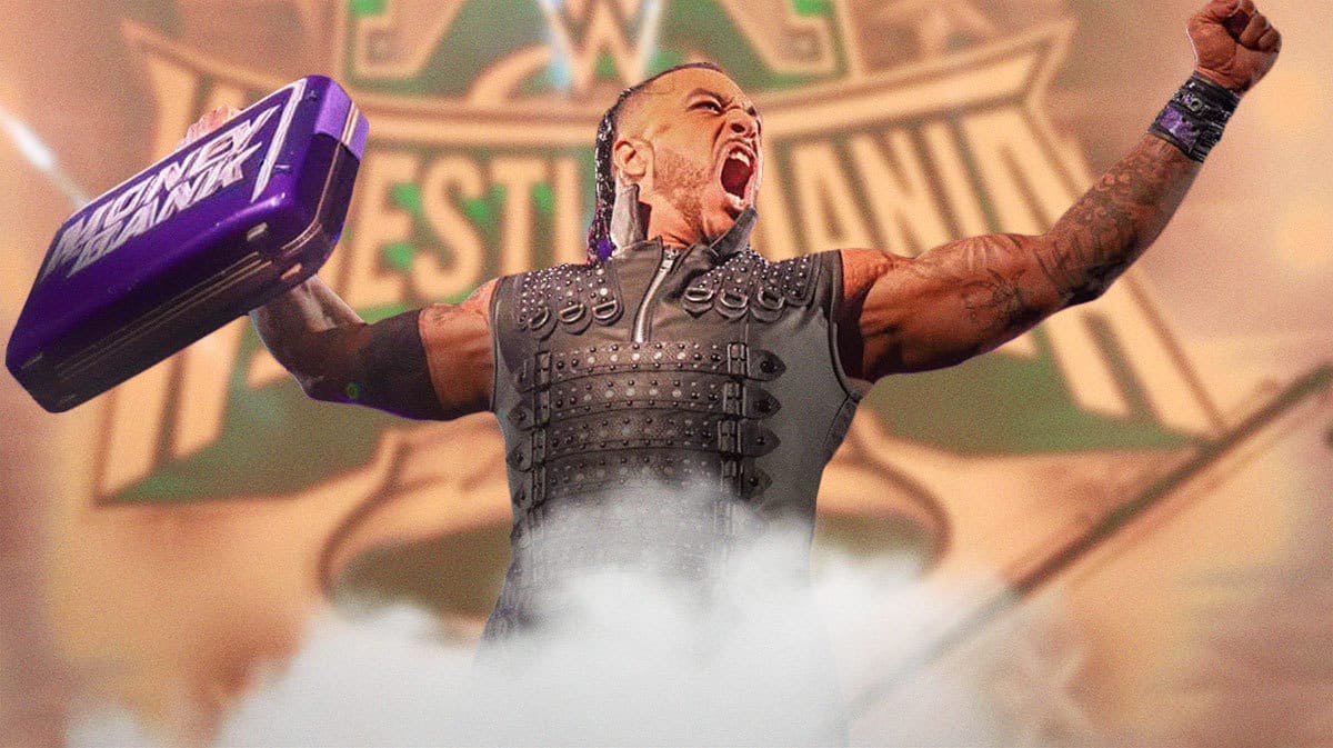 Damian Priest holding his purple Senior Money in the Bank briefcase with the WrestleMania 40 logo as the background.