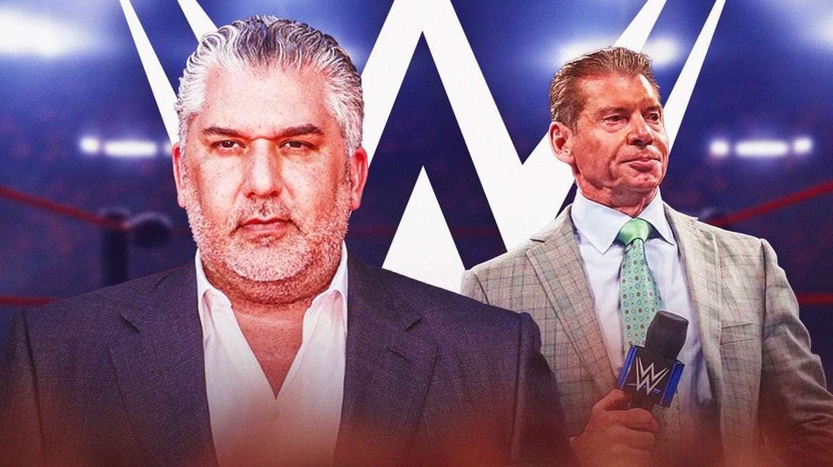 Nick Khan next to Vince McMahon with the WWE logo as the background.
