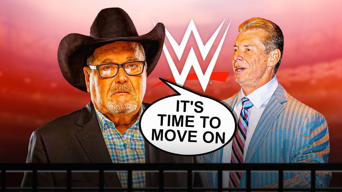 Jim Ross with a text bubble reading “It's time to move on” next to Vince McMahon with the WWE logo as the background.