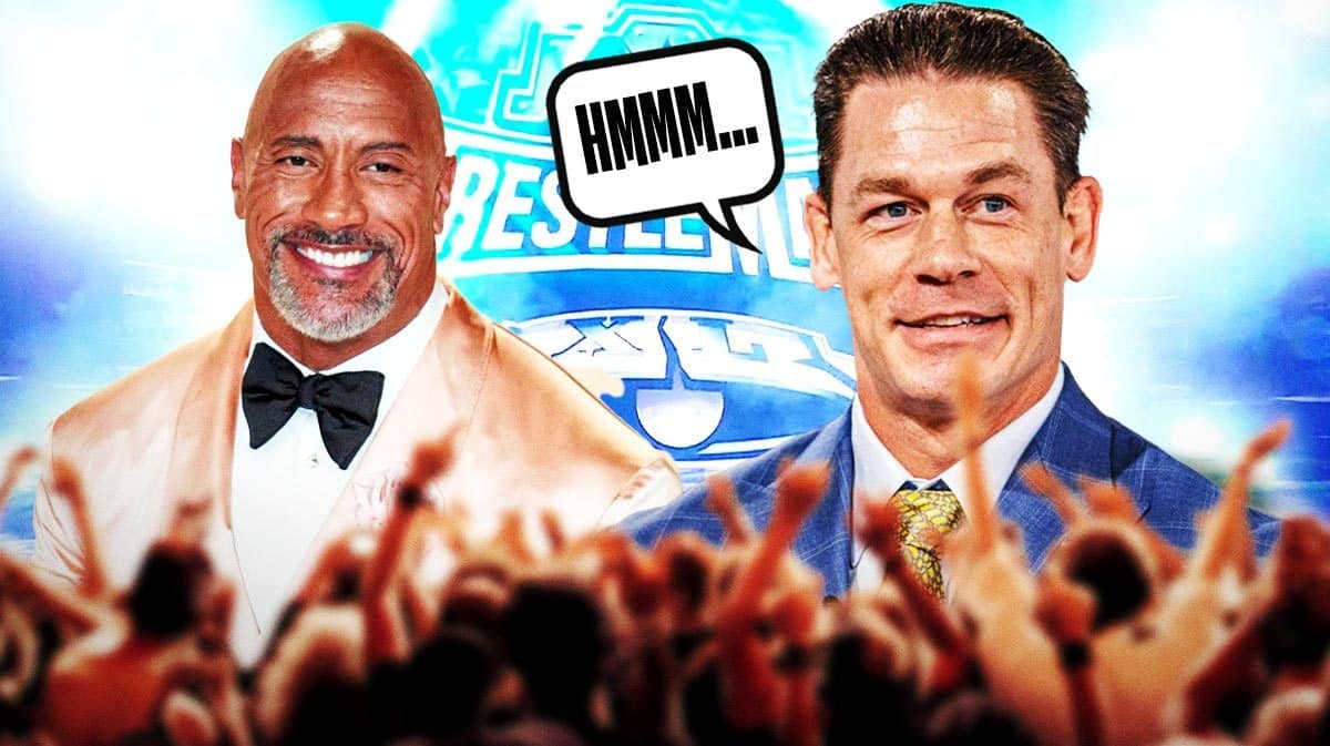 John Cena with a text bubble reading “Hmmm…” next to The Rock with the WrestleMania 40 logo as the background.