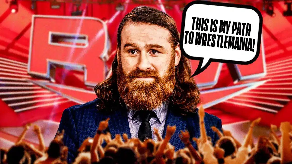 Sami Zayn with a text bubble reading “This is my path to WrestleMania!” with the RAW logo as the background.