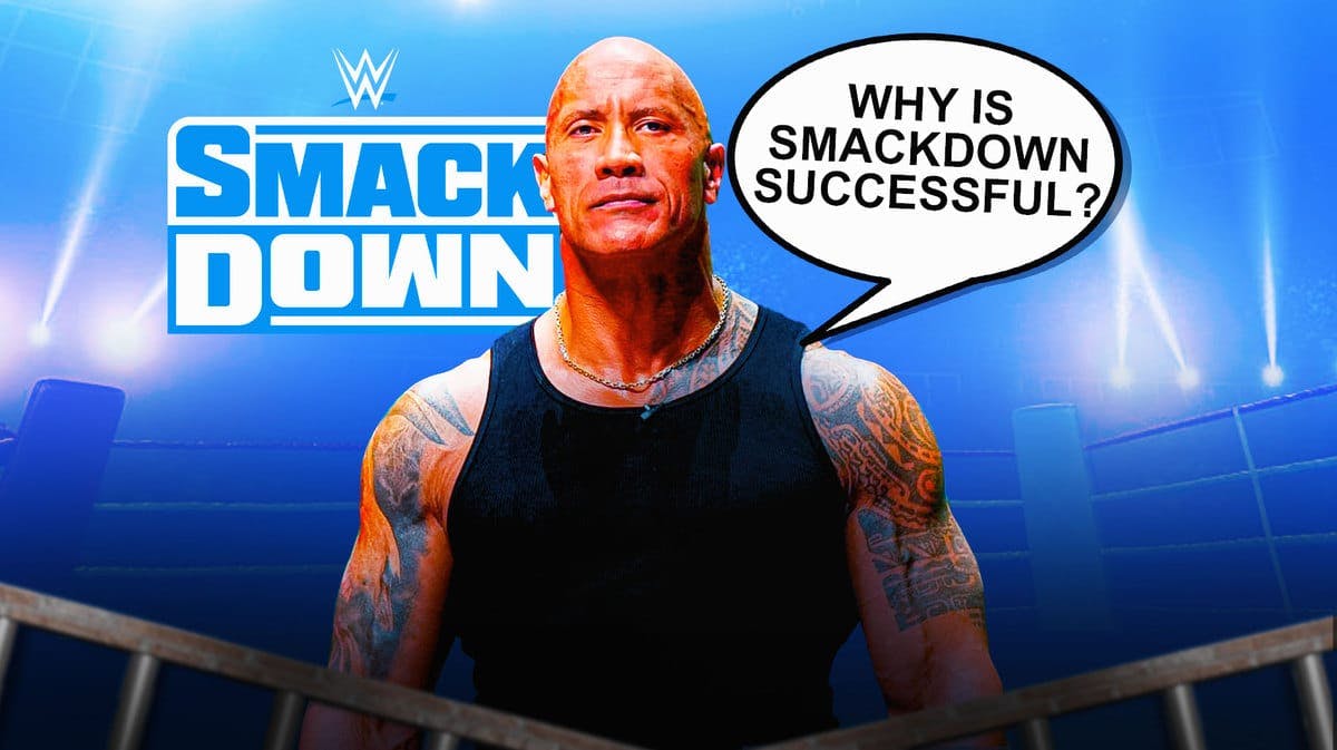 The Rock with a text bubble reading “Why is SmackDown successful?” with the SmackDown logo as the background.