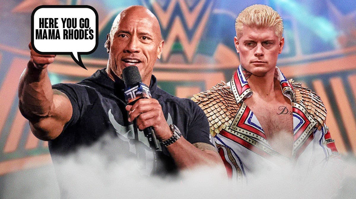 The Rock with a microphone and a text bubble reading “Here you go, Mama Rhodes” next to an angry Cody Rhodes with the WrestleMania 40 logo as the background.