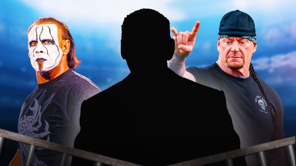 The blacked-out silhouette of Vince McMahon in the middle with Sting on the left and The Undertaker on the right with the WWE logo as the background.