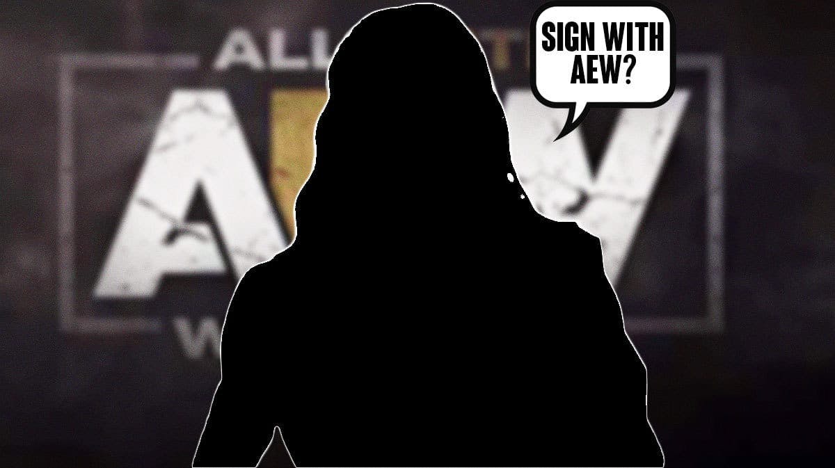 The blacked-out silhouette of Matt Riddle with a text bubble reading “Sign with AEW?” with the AEW logo as the background.