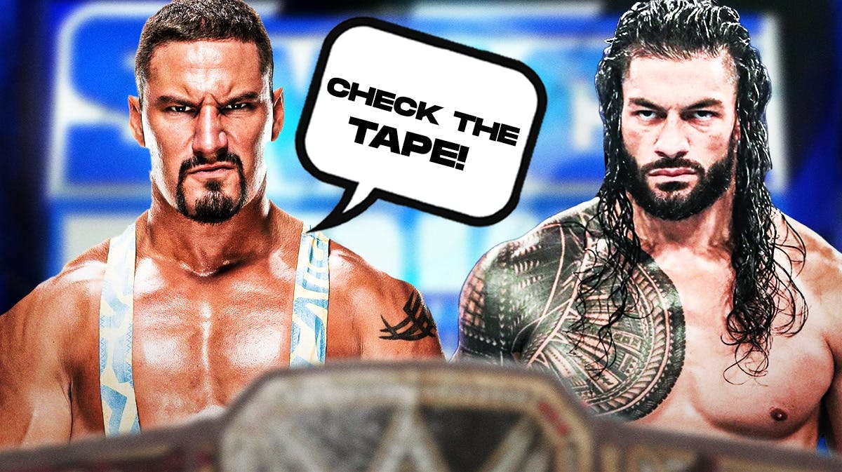 Bron Breakker with a text bubble reading “Check the tape!” next to Roman Reigns with the SmackDown logo as the background.