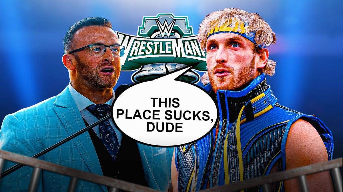 Logan Paul with a text bubble reading “This place sucks, dude” next to Nick Aldis with the WrestleMania 40 logo as the background.