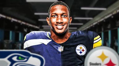 NFL draft prospect Michael Penix Jr. with half a Seahawks jersey and half a Steelers jersey