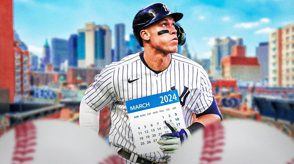 Yankees' Aaron Judge holding a March 2024 calendar.
