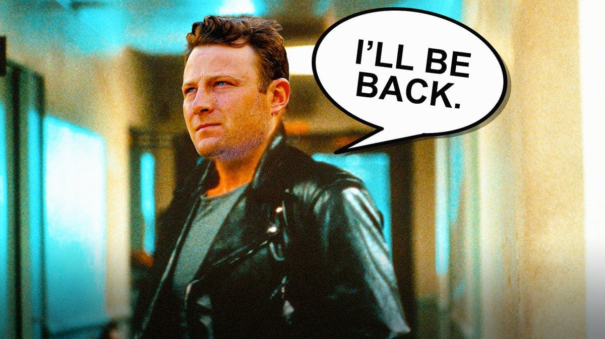 Face of New York Yankees pitcher Gerrit Cole edited on Arnold Schwarzenegger with speech bubble that says "I'll be back"