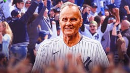 Joe Torre, image from 2024 or 2023, in front. In background, place Yankees fans cheering/looking excited.