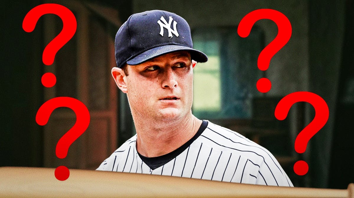 Yankees' Gerrit Cole sitting in a dark room with question marks everywhere.
