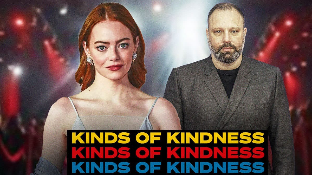 Emma Stone and Poor Things director Yorgos Lanthimos with Kinds of Kindness logo.