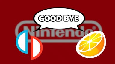 yuzu shut down, citra shut down, yuzu lawsuit, citra lawsuit, yuzu emulator, a blurred image of the nintendo in the background with the yuzu and citra logoes in the foreground with a speech bubble that says good bye