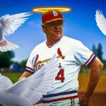 Whitey Herzog with a halo and dove flying next to him
