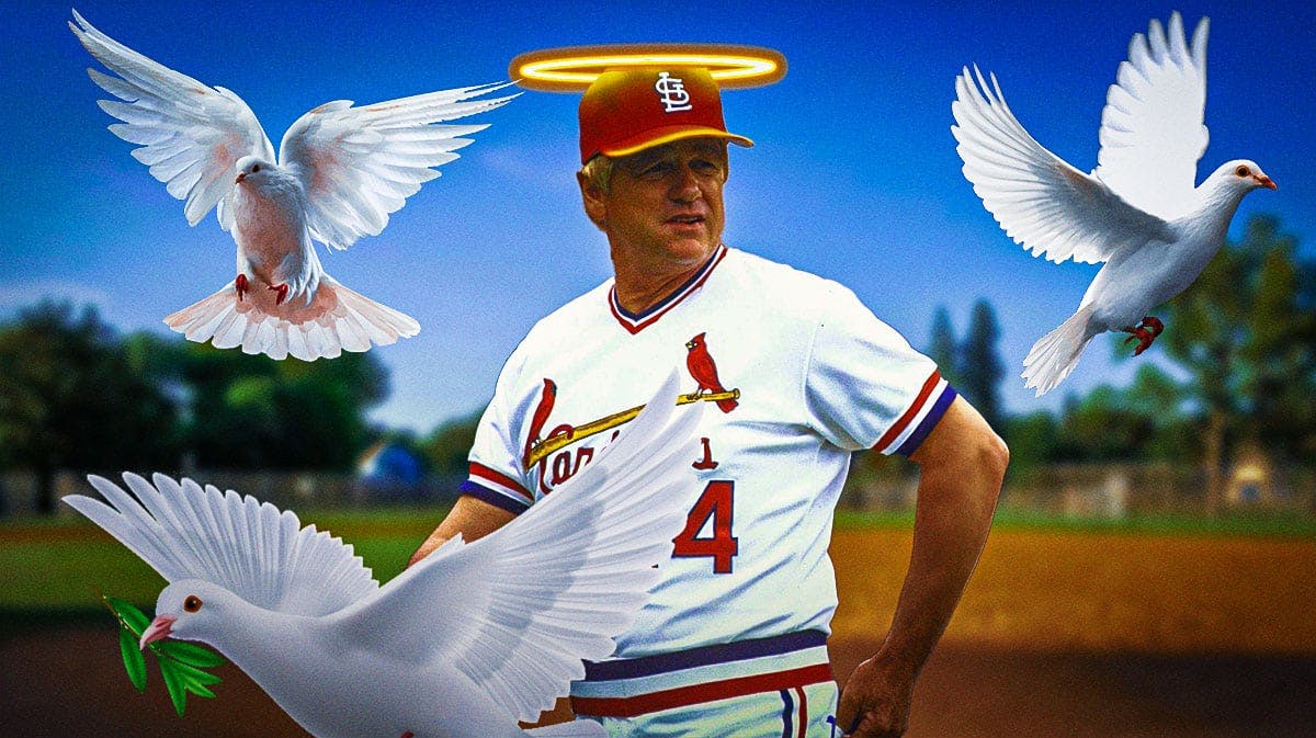 Whitey Herzog with a halo and dove flying next to him