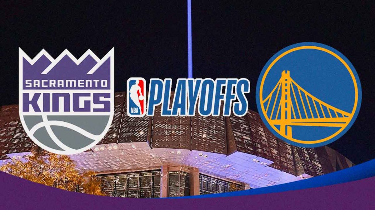 Kings logo sits next to Warriors logo with NBA Playoffs logo in the middle, NBA Play-In Tournament banners hang outside