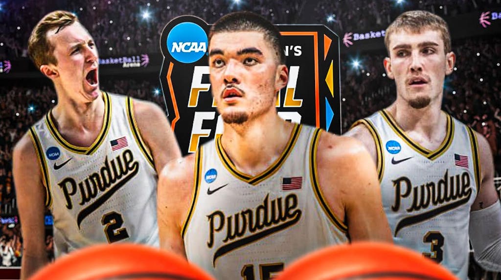 Purdue basketball, NC State basketball, Zach Edey, Final Four, March Madness, Zach Edey, Fletcher Loyer and Braden Smith with 2024 men's final four logo in the background