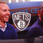 Sean Marks and Kevin Ollie next to a Nets logo at the Barclays Center