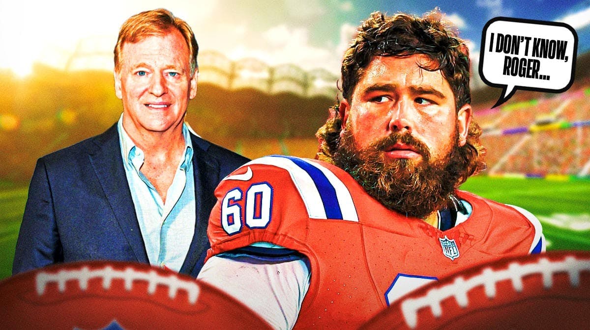 New England Patriots center David Andrews next to NFL Commissioner Roger Goodell. Andrews has a speech bubble that says “I don’t know, Roger…”