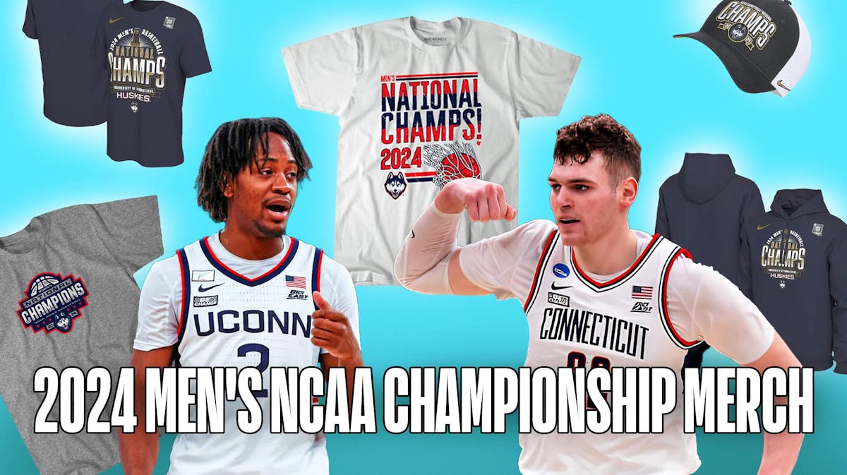 Donovan Clingan and Tristen Newton surrounded by NCAA champions merch on a sky blue background.