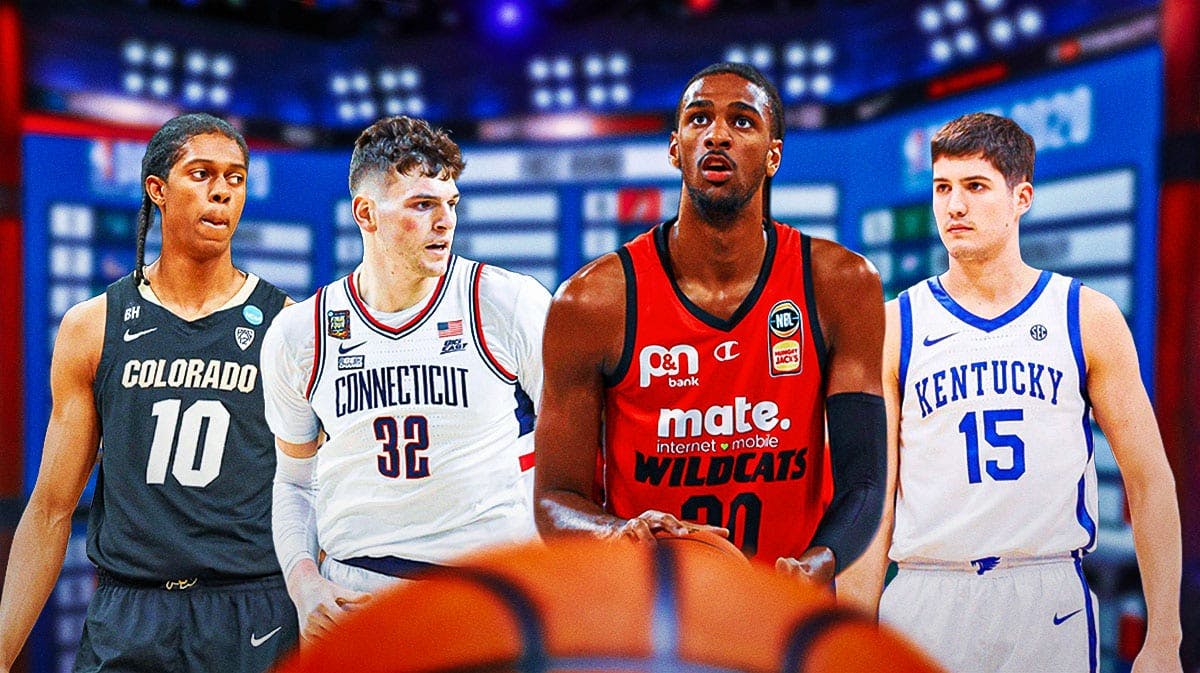lex Sarr, Reed Sheppard, Cody Williams, Donovan Clingan all together with question marks all around the graphic. The background is a NBA Draft board.