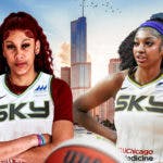 hicago Sky player Kamilla Cardoso and Chicago Sky player Angel Reese, with the city of Chicago, Illinois behind them, and basketballs