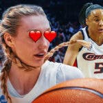 Cameron Brink (LA Sparks rookie) with hearts on eyes and Dawn Staley DURING her days with the Houston Comets.