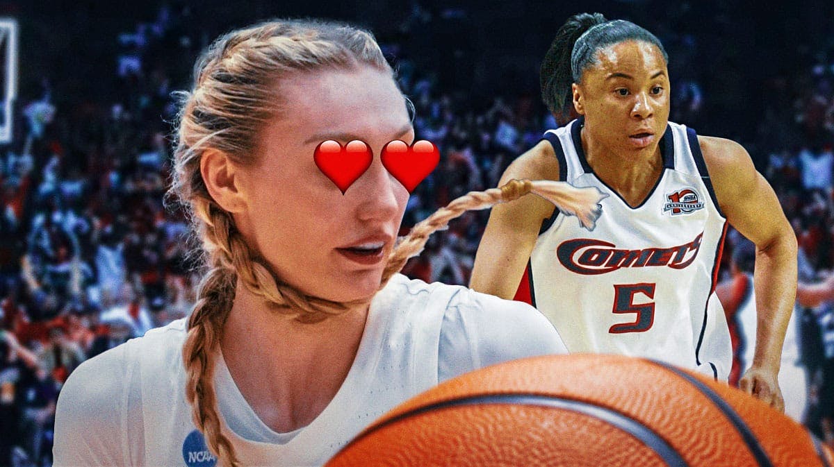 Cameron Brink (LA Sparks rookie) with hearts on eyes and Dawn Staley DURING her days with the Houston Comets.