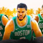 Jayson Tatum, Jaylen Brown, and Kristaps Porzingis all looking hyped on a Miami beach background