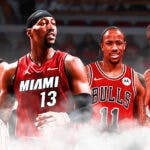Miami Heat stars Bam Adebayo and Tyler Herro next to Chicago Bulls stars Coby White and DeMar DeRozan in front of the Kaseya Center.