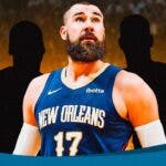 Jonas Valanciunas in the middle, Two mystery players around him, Ja Morant and Desmond Bane around them, and Memphis Grizzlies wallpaper in the background