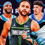 Kyle Anderson in the middle, Two mystery players around him, LaMelo Ball and Miles Bridges around them, and Charlotte Hornets wallpaper in the background
