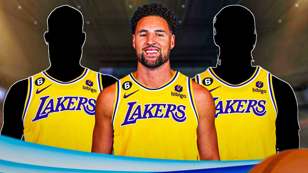 Klay Thompson in a Lakers jersey with silhouettes next to him
