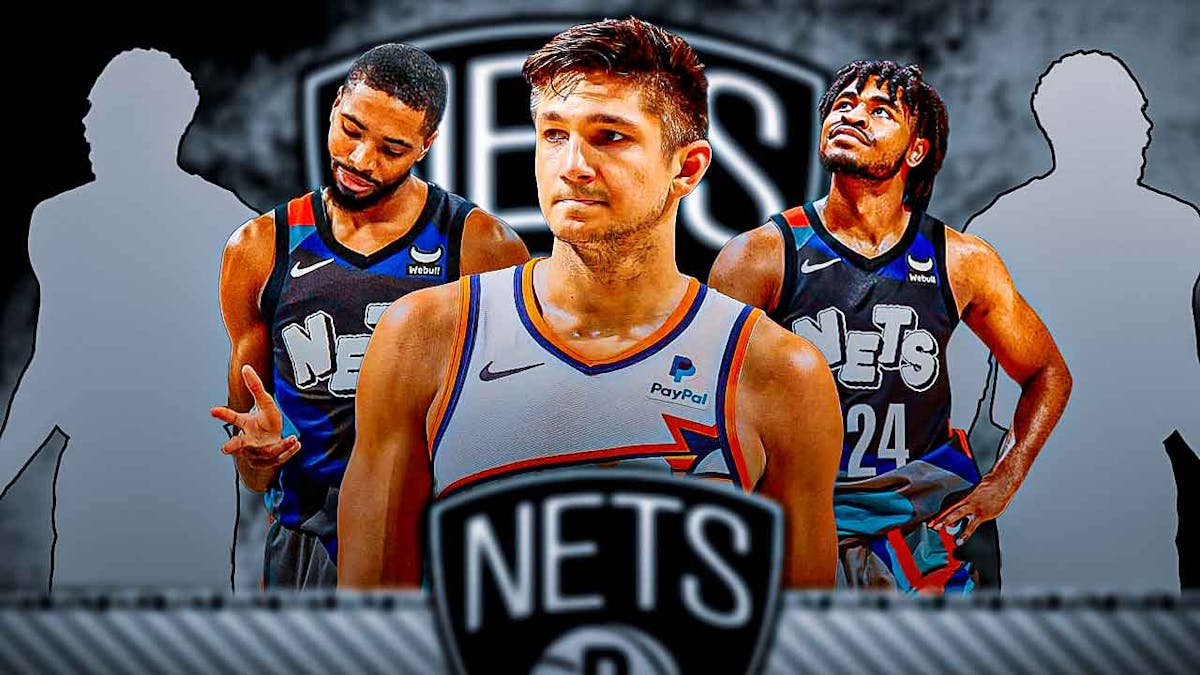 Grayson Allen in the middle, Two mystery players around him, Cam Thomas and Mikal Bridges around them, and Brooklyn Nets wallpaper in the background