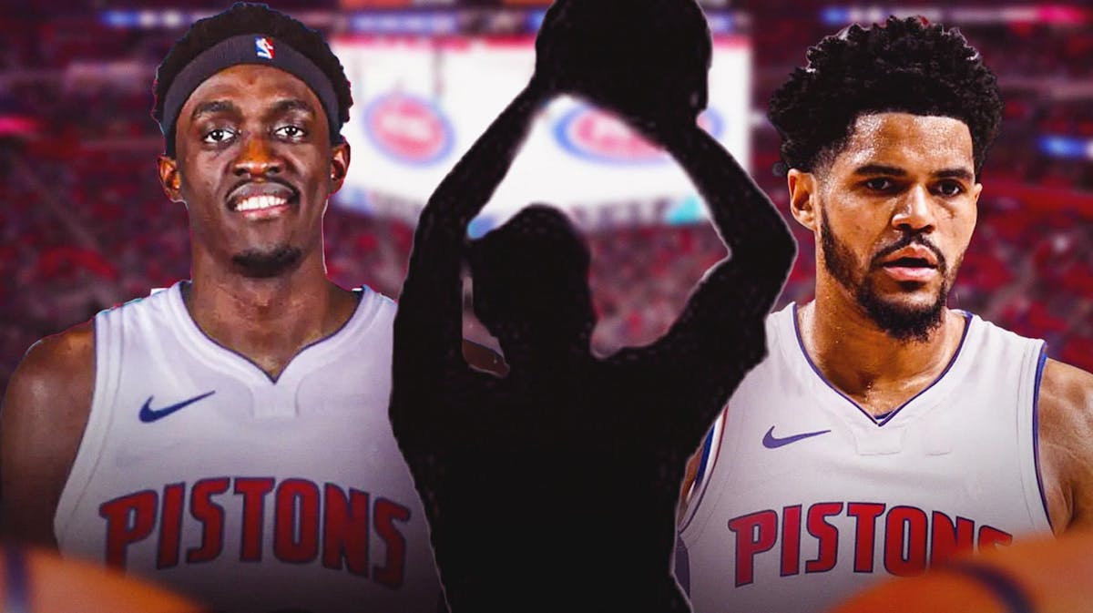 Pascal Siakam and Tobias Harris in Pistons jerseys. In the middle is a silhouette of a player