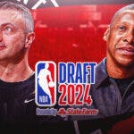 Raptors Darko Rajakovic and Masai Ujiri next to the 2024 NBA Draft logo
