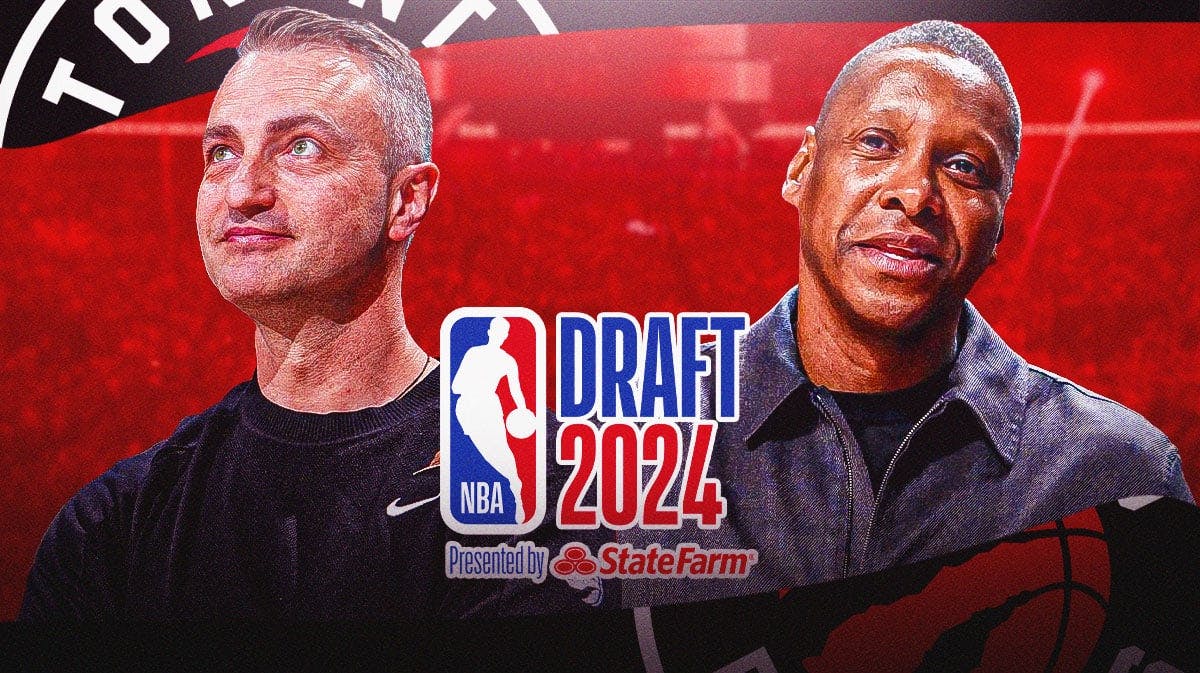 Raptors Darko Rajakovic and Masai Ujiri next to the 2024 NBA Draft logo