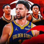 Klay Thompson in the middle, Two mystery players around him, RJ Barrett and Scottie Barnes around them, and Toronto Raptors wallpaper in the background