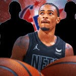Nic Claxton in the middle, Two mystery players around him, Kyle Kuzma and Jordan Poole around them, and Washington Wizards wallpaper in the background