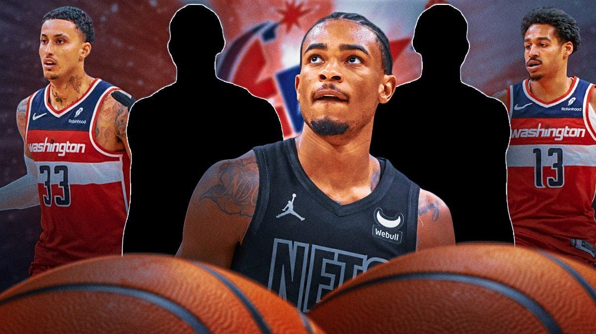 Nic Claxton in the middle, Two mystery players around him, Kyle Kuzma and Jordan Poole around them, and Washington Wizards wallpaper in the background