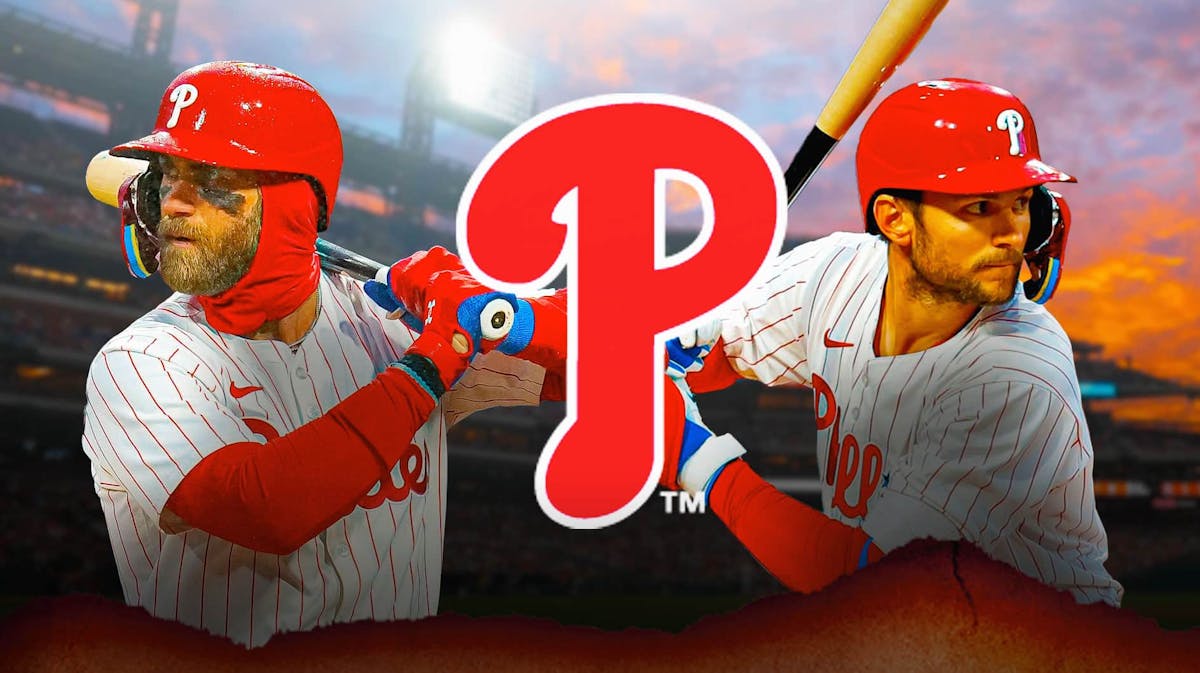 Bryce Harper and Trea Turner next to a Phillies logo