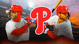 Bryce Harper and Trea Turner next to a Phillies logo