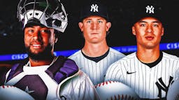 Elias Diaz with Yankees Clayton Beeter, and Anthony Volpe