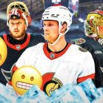 Jakob Chychrun in the middle, Joonas Korpisalo on one side, Anton Forsberg on the other side, a bunch of the teeth clenched emojis in the background. Senators playoff elimination, NHL Playoffs