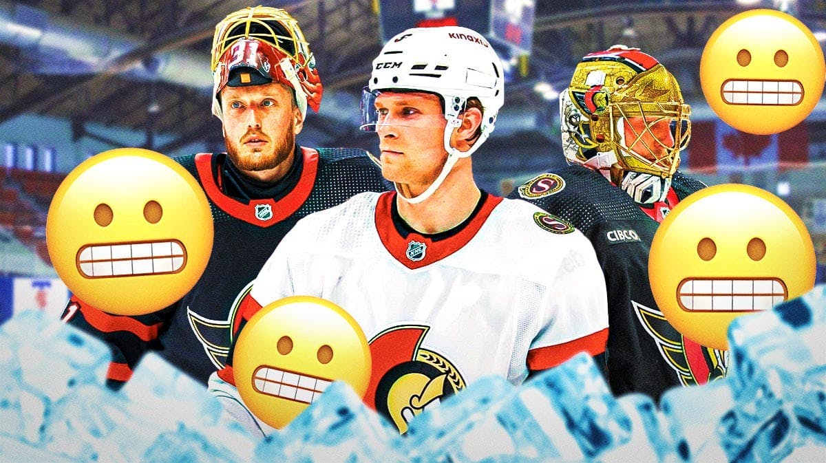 Jakob Chychrun in the middle, Joonas Korpisalo on one side, Anton Forsberg on the other side, a bunch of the teeth clenched emojis in the background. Senators playoff elimination, NHL Playoffs