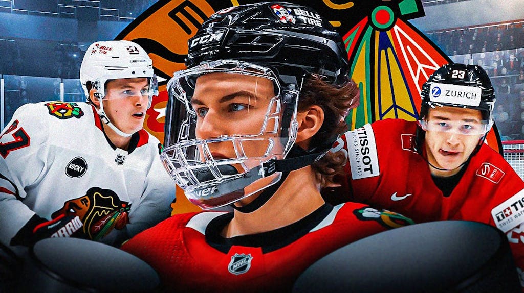 Connor Bedard in middle, Philipp Kurashev and Lukas Reichel on either side, Chicago Blackhawks logo, hockey rink in background