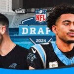 Panthers Bryce Young and Dave Canales next to the 2024 NFL Draft logo