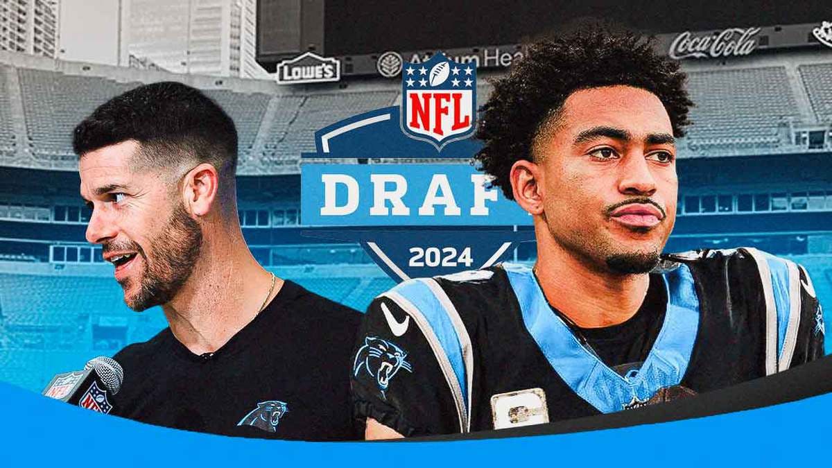 Panthers Bryce Young and Dave Canales next to the 2024 NFL Draft logo