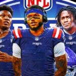 Photo: Troy Franklin, Patrick Paul, Malik Washington all in Patriots jerseys, 2024 NFL Draft logo in background